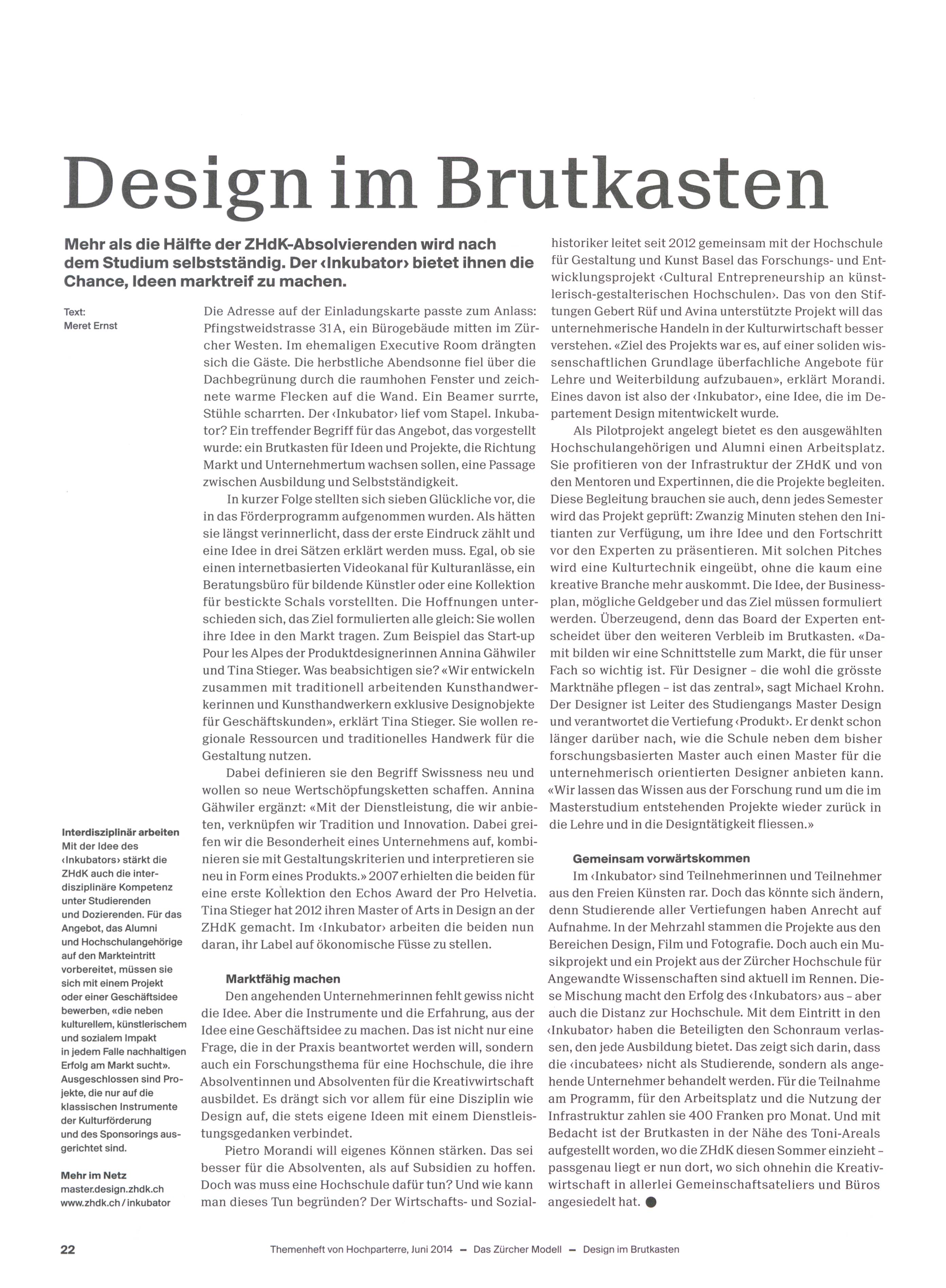 Hochparterre: Design im Brutkasten, 2014