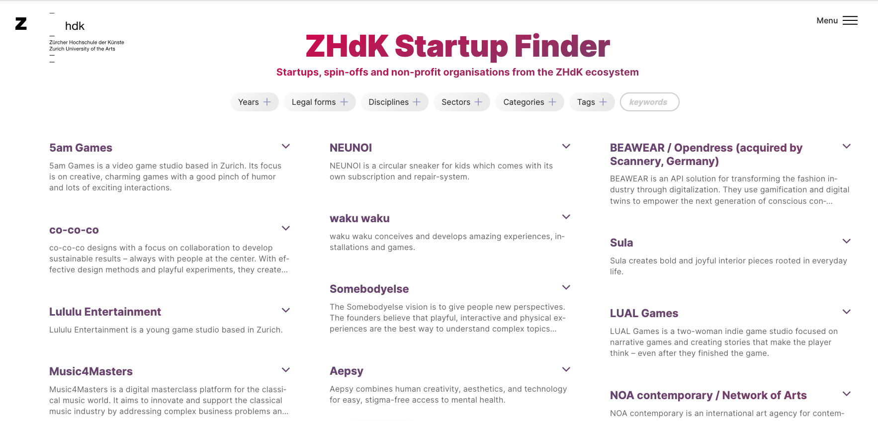 ZHdK Startup Finder – public online database