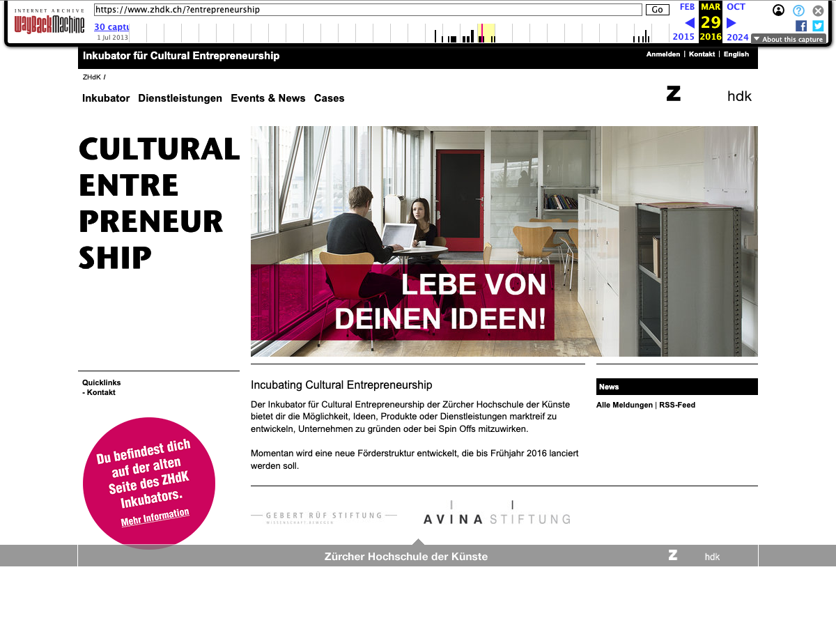 ZHdK Inkubator website, March 2016